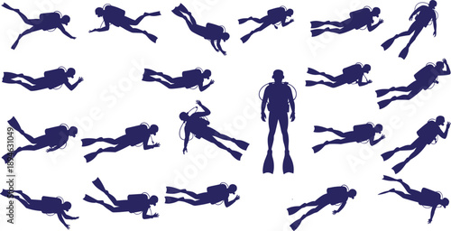 Scuba diving silhouette illustration set featuring underwater divers swimming in multiple poses with oxygen tanks fins ocean sport solid blue vector collection