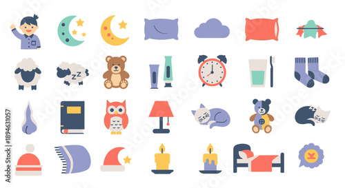 Collection of colorful bedtime and sleep icons.