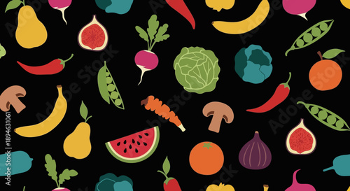 Vibrant Assortment of Fresh Fruits and Vegetables on Black Background.