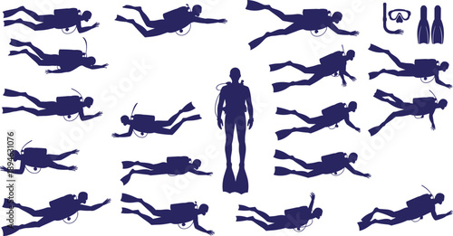 Scuba diving silhouette illustration set featuring underwater divers swimming with oxygen tanks fins and masks ocean sport activity solid blue vector collection