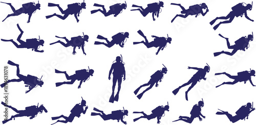 Scuba diving silhouette illustration set showing underwater divers in multiple swimming poses with oxygen tanks fins and masks ocean sport blue vector collection