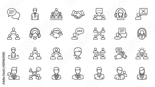 Extensive Business Communication and Human Resources Icon Set Featuring Professional Networking, Customer Support, Team Leadership, and Corporate Management