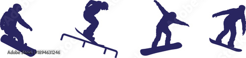 Snowboarder silhouette illustration set featuring extreme winter sports actions jumping sliding and freestyle tricks snowboarding athlete solid blue vector collection
