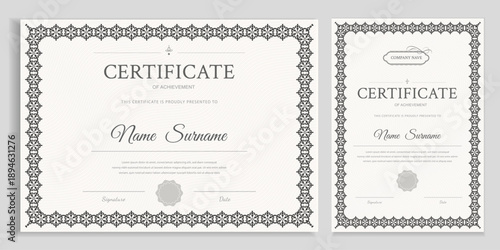Professional certificate template set with intricate vintage ornamental borders. Formal monochromatic design in landscape and portrait layouts. Fully editable vector for business or graduation.