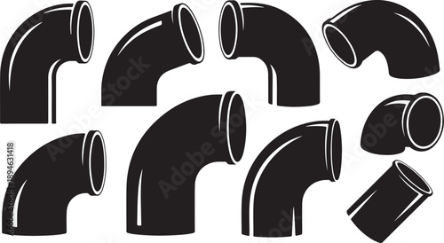 Black PVC Pipe Fittings on White Background Illustration Set