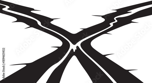 Crossroads of Life with Cracked Asphalt Road Ways Ahead