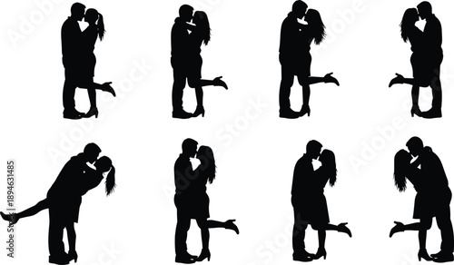 Romantic couple silhouettes set, kissing lovers poses collection, love relationship passion concept, black figures isolated white background illustration