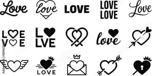 Love typography icon set, heart symbols, romantic text styles, valentine graphics, black and white vector, affection design elements