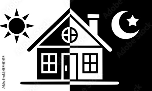Day and night house icon illustration in black and white silhouette style showing sun and moon concept, symbolizing home schedule, smart living, energy cycle, real estate planning, and modern graphic 