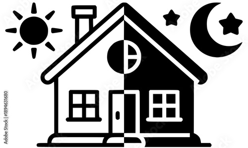 Day and night home icon in black and white silhouette style with sun, moon, and stars, representing smart living, time-based housing concept, energy efficiency, real estate planning, and modern UI