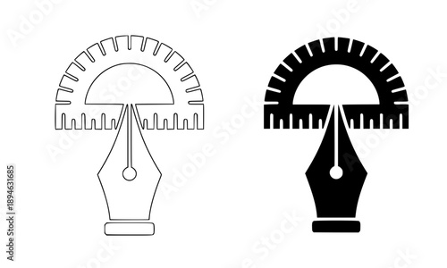 Professional graphic design tool icon featuring a fountain pen nib and protractor symbol representing creative engineering technical drawing architectural planning and digital art.