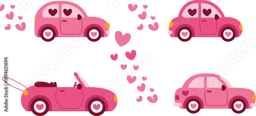 Pink cartoon cars with heart decorations, romantic Valentine’s Day vehicle design, cute love transport illustration, festive holiday artwork, adorable car graphics