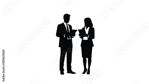 Professional Silhouette of Male and Female Business Executives Reviewing Digital Tablets Representing Corporate Leadership, Modern Workspace, and Professional Collaboration