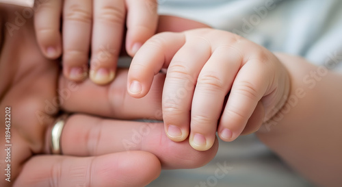 A tender moment showing a tiny infant hand gripping the finger of a parent with soft focus and high detail of skin texture