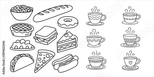 Black and white sketch collection of various foods and hot drinks: bread, pizza, cake, donut, sandwich, taco, pie, and steaming cups of coffee.