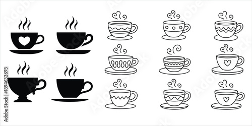 Collection of black and white line art drawings of steaming coffee and tea cups, varied styles, for cafes, menus, and cozy beverage themes.