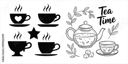 Black and white illustration featuring a teapot, cup, and sugar cubes with 'Tea Time' text, surrounded by leaves, perfect for tea promotions.