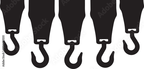Four black hooks hanging down from a white background
