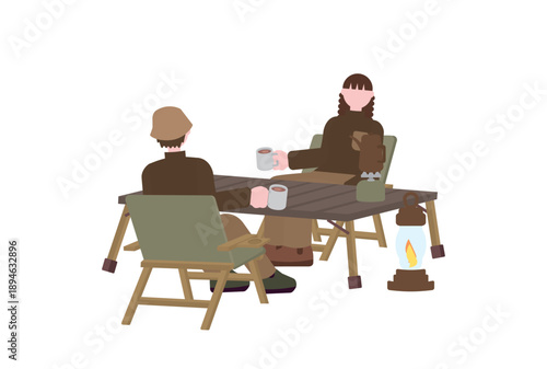 キャンプでコーヒーを楽しんでいる男女のイラスト