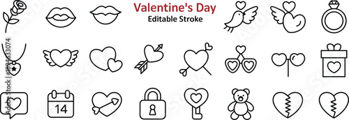 Valentines Day editable stroke line icons set with hearts love symbols romance elements for modern design branding use projects online