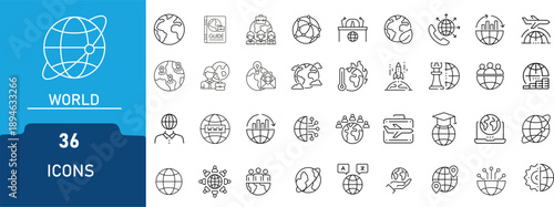 World line art icon set.Contains icon related to  earth, world,globe,map,wide  and more.Outline Icon Collection. Vector illustration