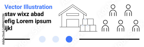 Warehouse building with stacked boxes and stylized group of figures representing teamwork. Ideal for logistics, inventory, storage, supply chain, collaboration, business operations, simple landing