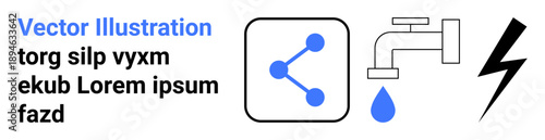 Sustainability, energy consumption, digital connectivity, water conservation, environmental impact, technology. Symbols of a tap with water droplet, share icon and lightning bolt. Water conservation