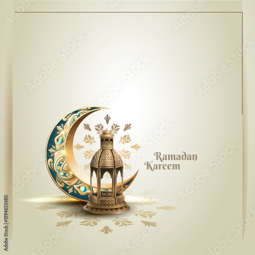 islamic greetings ramadan kareem card design with lanterns and crescent moon