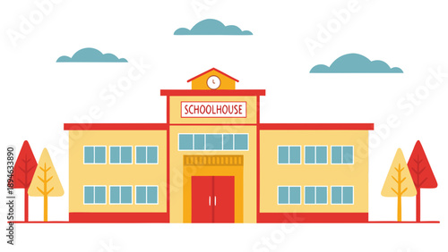 Colorful flat vector illustration of a school building with trees and clouds educational institution concept