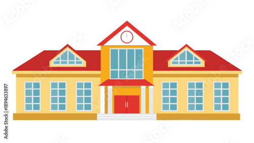 Modern school building with red roof and yellow walls educational architecture vector illustration