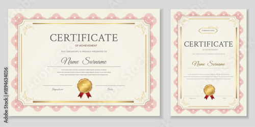 Elegant certificate template set with soft pink ornamental borders and gold accents. Modern diploma for achievement, appreciation, or award. Editable vector for business, education.