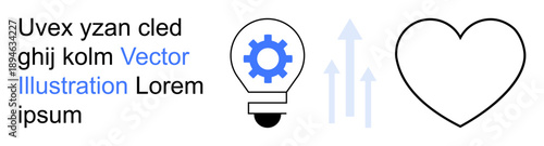 Innovation, productivity, creativity, teamwork, business growth, self-improvement. A gear inside a lightbulb, arrows pointing upward and a heart symbol. Innovation and productivity concept