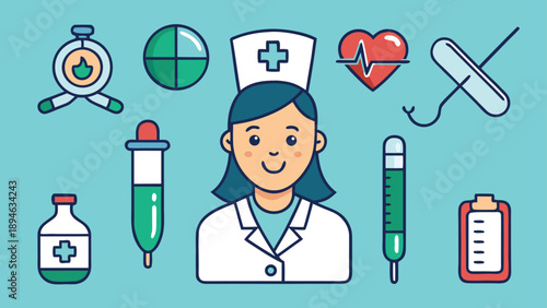 Vector illustration showing a nurse surrounded by medical symbols and tools, designed for stock use and logos related to health care and medical services