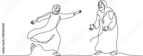 Continuous one line drawing happy Arabian woman running to meet grandmother. Vacation at grandparents home. Mother, senior female. one line Icon drawing