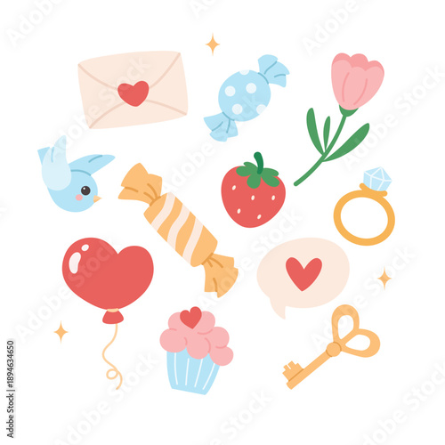 Cute set of Valentine's Day objects: bird, letter, ring, candy, key, cupcake, flower, strawberry. Romantic holiday objects