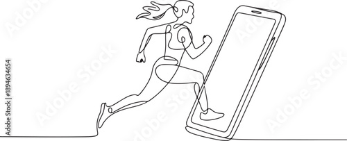 Single one line drawing woman runner focus practicing to run fast getting out of smartphone screen. Mobile sports play matches. Online run game mobile app. one line Icon drawing