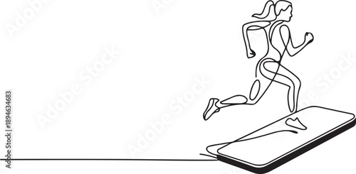 Single one line drawing woman runner focus practicing to run fast getting out of smartphone screen. Mobile sports play matches. Online run game mobile app. one line Icon drawing