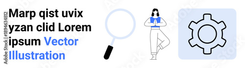 Magnifying glass for search, person in a yoga pose for balance, and gear symbolizing productivity. Ideal for self-improvement, mindfulness, wellness, productivity, analysis, optimization simple