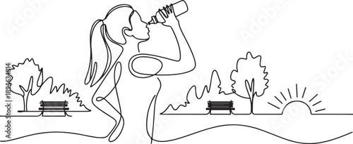Continuous one line drawing hand holding water bottle in the park morning sunrise, Young woman drinking water after run, sport and health care concept. one line Icon drawing