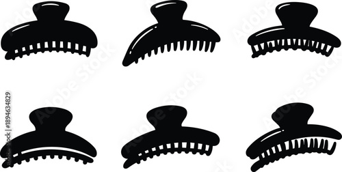 Collection of fashionable hair claw clip silhouettes for women, stylish hair accessories, plastic hair clamps, trendy design set, modern illustration