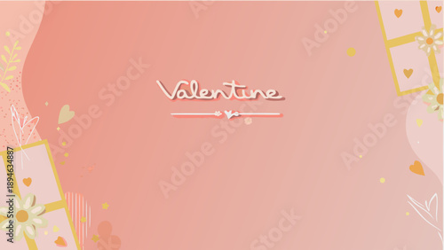 Soft gray pastel surface with minimal valentine greeting card design gold accents and floral patterns on pink background