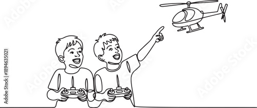 Continuous one line drawing boys playing with radio-controlled toy helicopter. Kids playing holding rc controllers. Smiling excited children with modern RC toys. one line Icon drawing