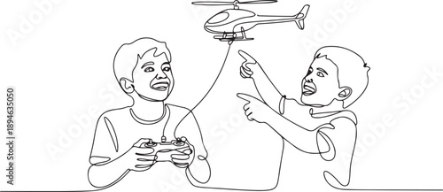 Continuous one line drawing boys playing with radio-controlled toy helicopter. Kids playing holding rc controllers. Smiling excited children with modern RC toys. one line Icon drawing