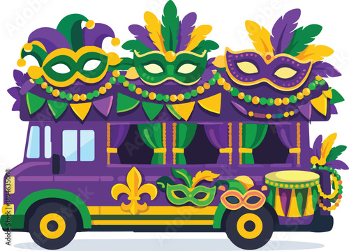 Colorful Carnival Bus Mardi Gras Celebration Flat Vector