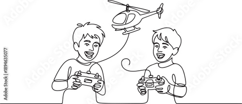 Continuous one line drawing boys playing with radio-controlled toy helicopter. Kids playing holding rc controllers. Smiling excited children with modern RC toys. one line Icon drawing