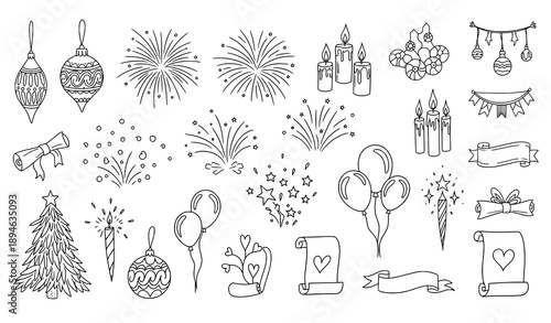Festive hand sketched holiday icon line art vector collection