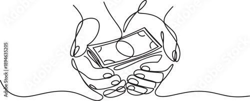 Single continuous line drawing of hands hugging banknote. Smart business will not betray results. The more effort, the more will get. one line Icon drawing