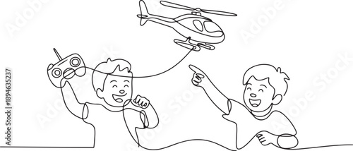 Continuous one line drawing boys playing with radio-controlled toy helicopter. Kids playing holding rc controllers. Smiling excited children with modern RC toys. one line Icon drawing