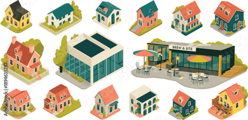 Modern colorful residential house illustrations collection with balconies gardens and facades isolated on white background for architecture design inspiration projects