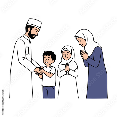 Muslim Family Greeting Illustration Respectful Culture